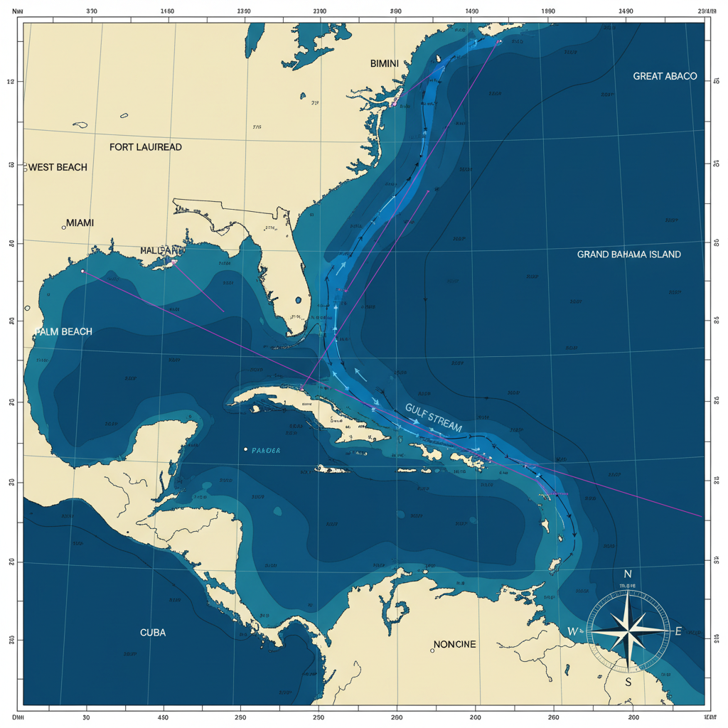Nautical chart of the Straits of Florida showing the Florida coastline, Gulf Stream, and the Bahamas