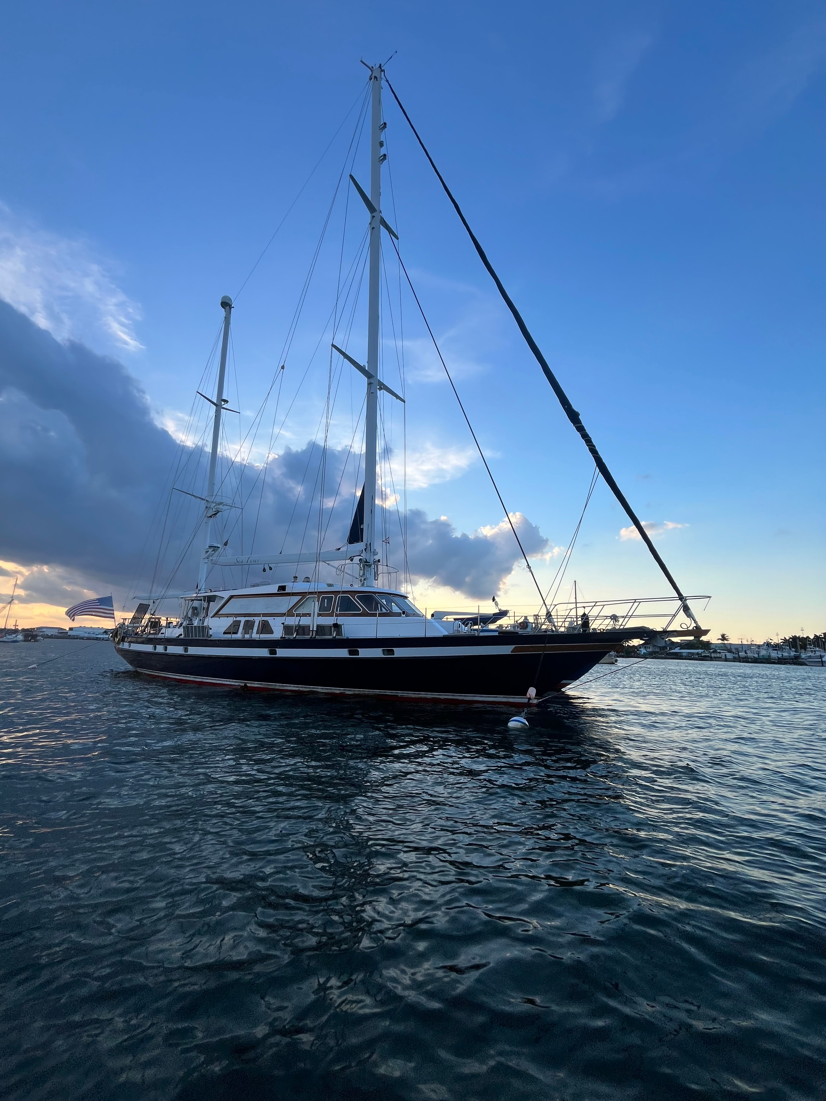 Sea Fever — 98 ft Jongert motorsailer at dusk